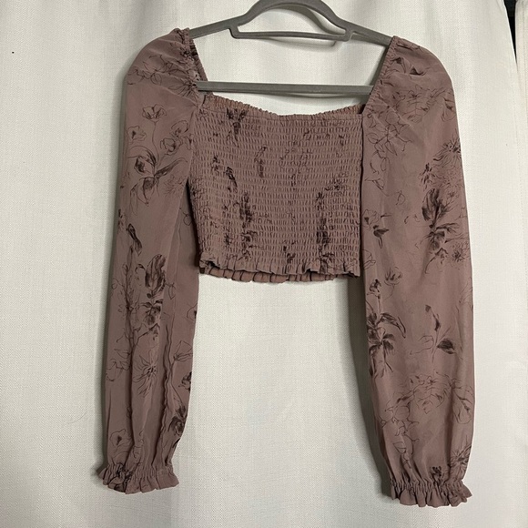 Aritzia Wilfred Purple Floral Smoked Long Sleeve Saga Cropped Blouse XS - Picture 5 of 11